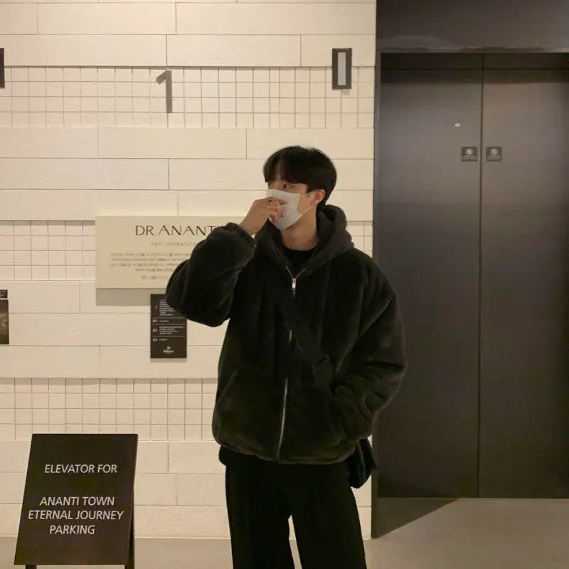 Winter faux lamb wool jacket men's padded thickened cotton clothing