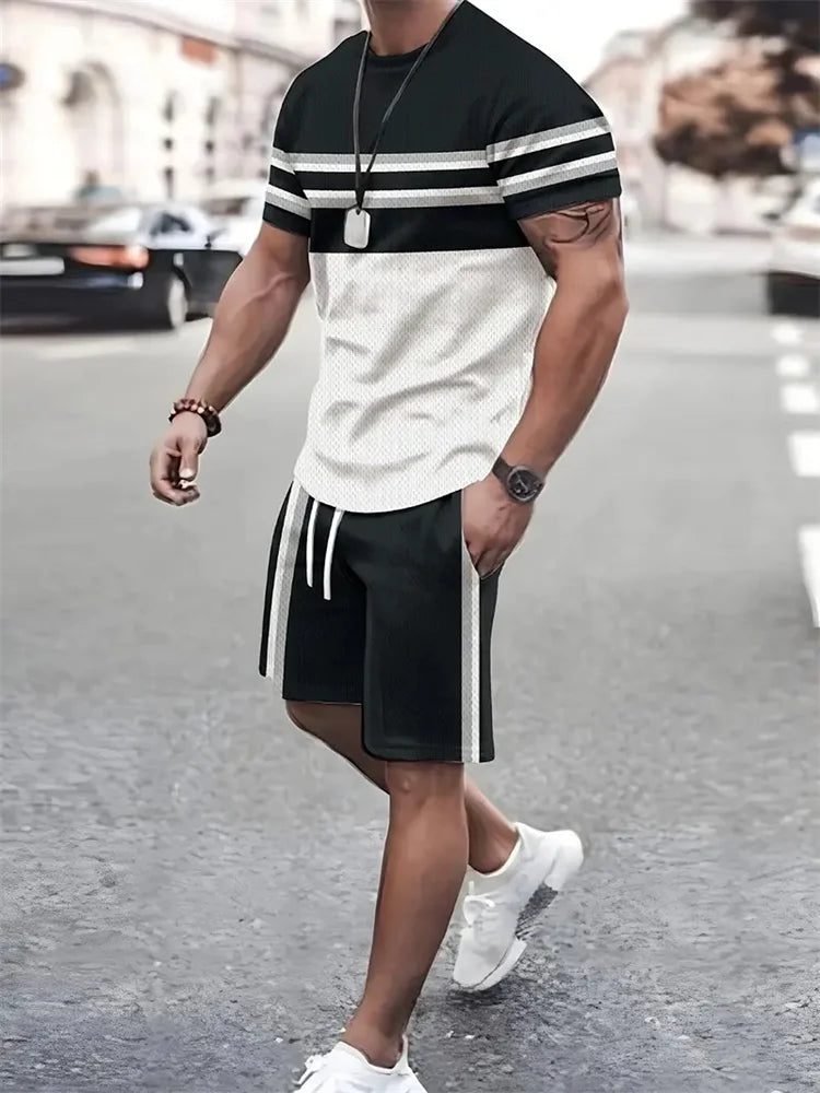 Boutique Men's Summer Casual Sports Short Sleeve Suit Simple Splicing Printed Round Neck T Shirt Drawstring Pocket Shorts Suit