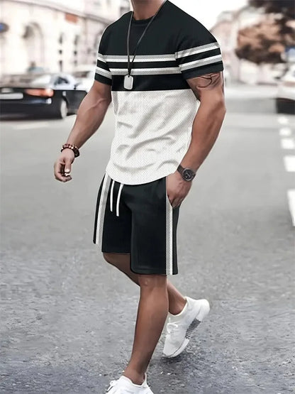 Boutique Men's Summer Casual Sports Short Sleeve Suit Simple Splicing Printed Round Neck T Shirt Drawstring Pocket Shorts Suit