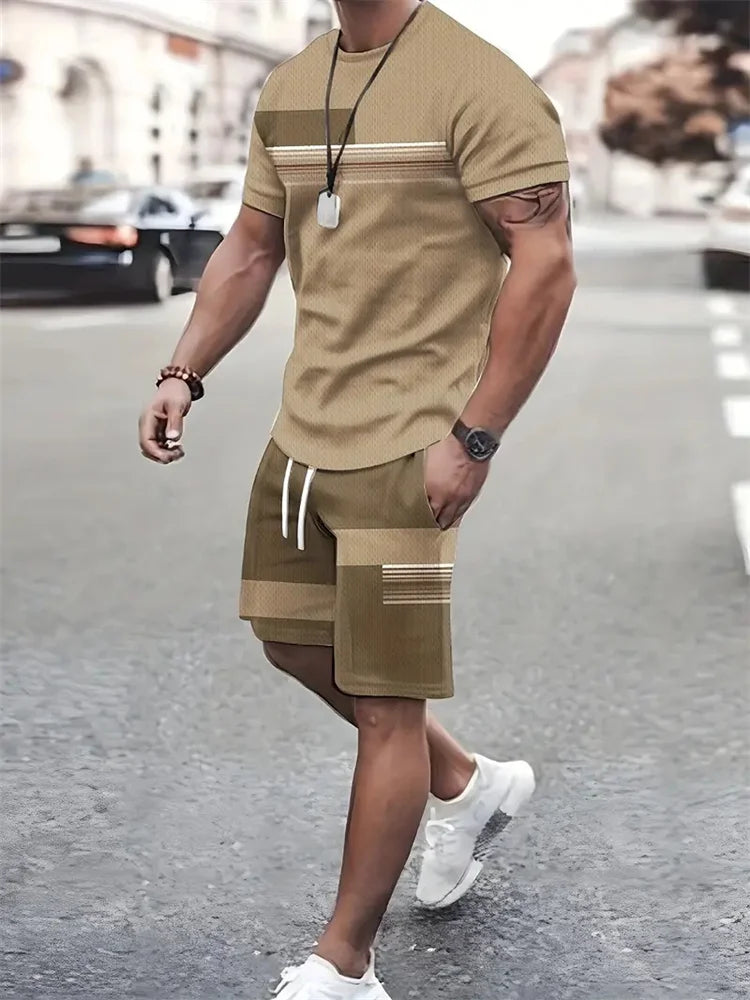 Boutique Men's Summer Casual Sports Short Sleeve Suit Simple Splicing Printed Round Neck T Shirt Drawstring Pocket Shorts Suit