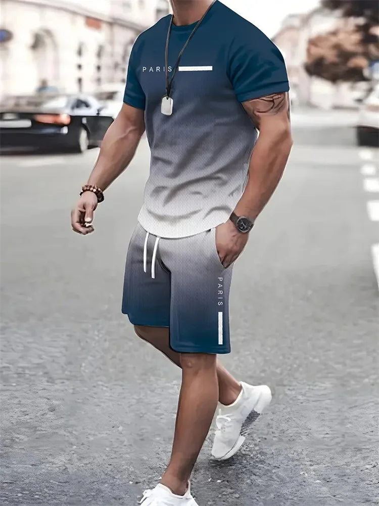Boutique Men's Summer Casual Sports Short Sleeve Suit Simple Splicing Printed Round Neck T Shirt Drawstring Pocket Shorts Suit
