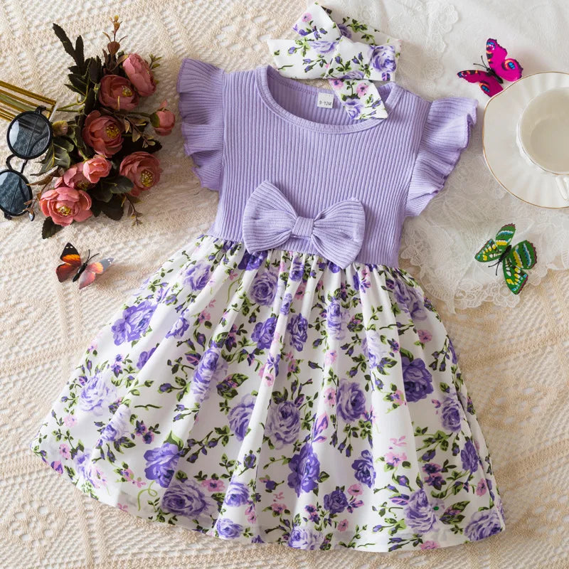 Baby Girls Summer Floral Print Dress 0-3Y European American Style Toddler Flying Sleeves Birthday Dress Infant Girls Clothes