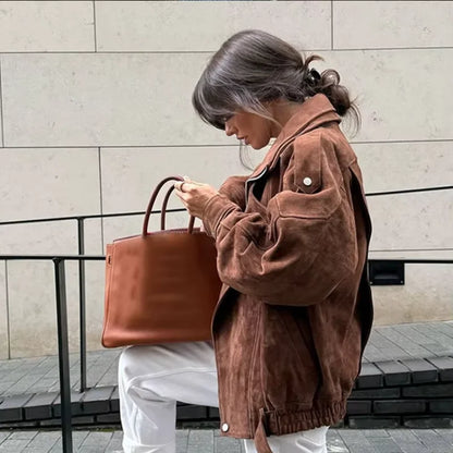 Chic Brown Faux Suede Cropped Casual Coat Vintage Lapel Solid Zipper Short Jacket 2025