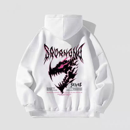 Unisex Cotton Hoodie Street Style Autumn Winter Thickened Fleece Lined Dinosaur Print Lazy Style Casual American Student Top