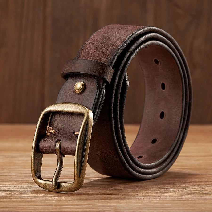 Thick Cowhide Copper Pin Buckle Real Genuine Leather Belt For Jeans Fashion Casual Belt