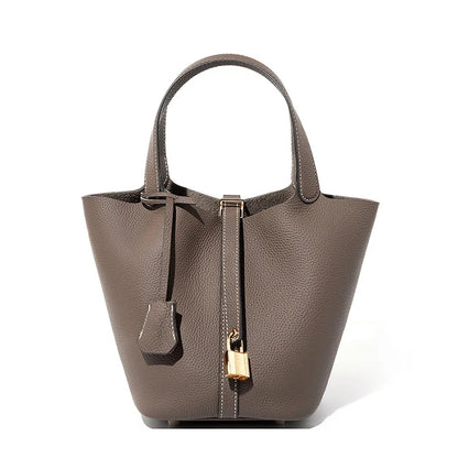 2025 Casual Fashion Female Genuine Leather Bucket Bag Luxury Handbag High-End Tote Bag Woman Cow Leather Mommy Bag & Metal Lock
