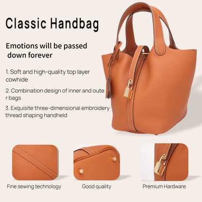 2025 Casual Fashion Female Genuine Leather Bucket Bag Luxury Handbag High-End Tote Bag Woman Cow Leather Mommy Bag & Metal Lock