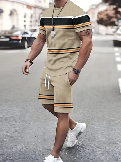 Boutique Men's Summer Casual Sports Short Sleeve Suit Simple Splicing Printed Round Neck T Shirt Drawstring Pocket Shorts Suit