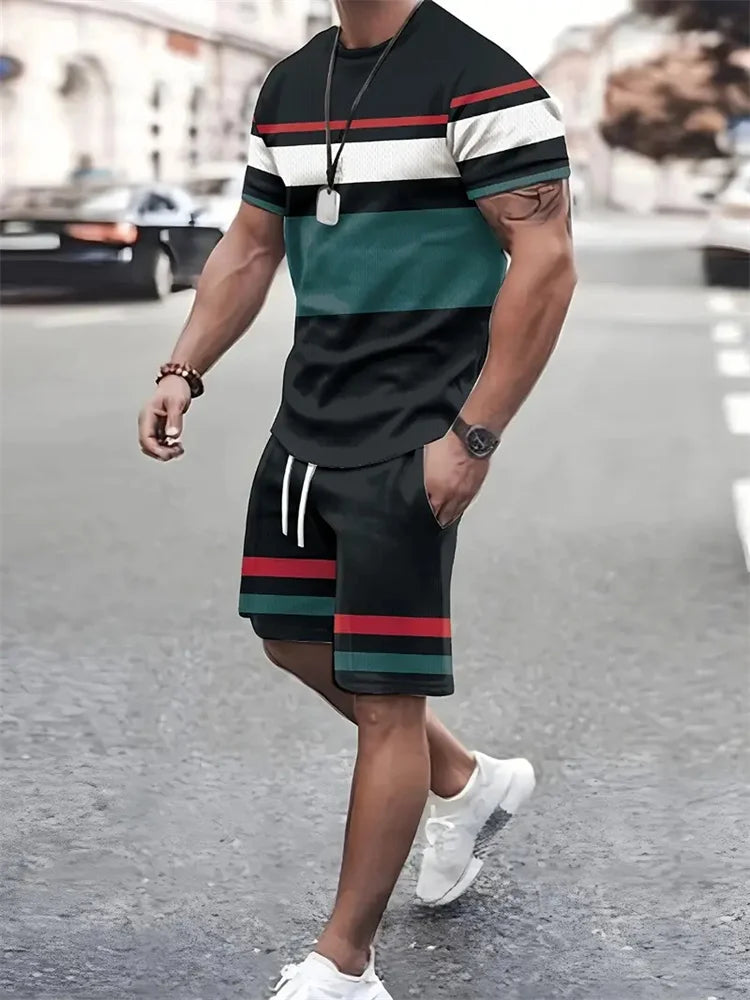 Boutique Men's Summer Casual Sports Short Sleeve Suit Simple Splicing Printed Round Neck T Shirt Drawstring Pocket Shorts Suit