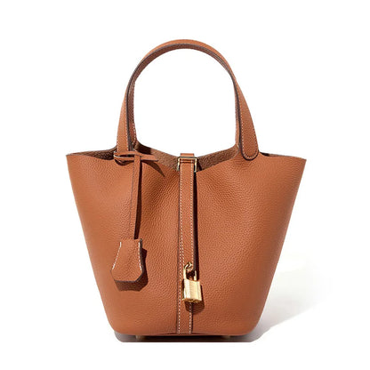 2025 Casual Fashion Female Genuine Leather Bucket Bag Luxury Handbag High-End Tote Bag Woman Cow Leather Mommy Bag & Metal Lock