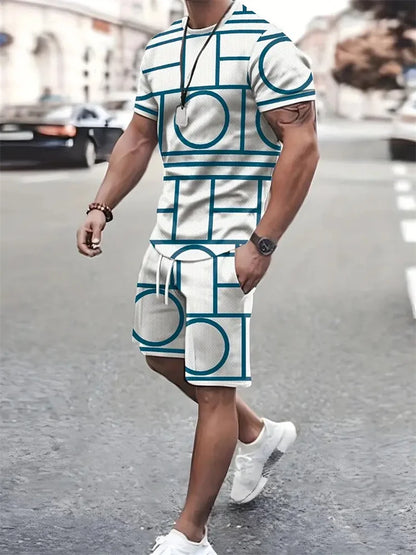 Boutique Men's Summer Casual Sports Short Sleeve Suit Simple Splicing Printed Round Neck T Shirt Drawstring Pocket Shorts Suit