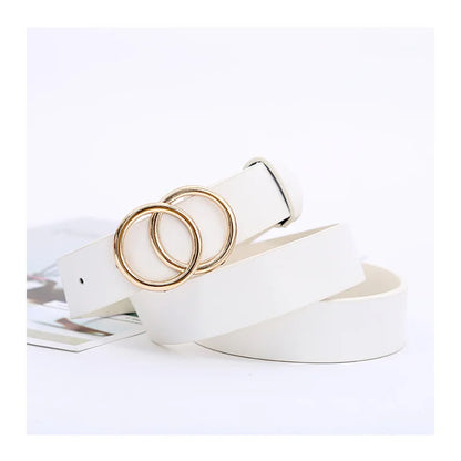 Double Ring Belts for Women Fashion Dress Jeans Belt PU Leather Metal Buckle Round Black Waist Belts