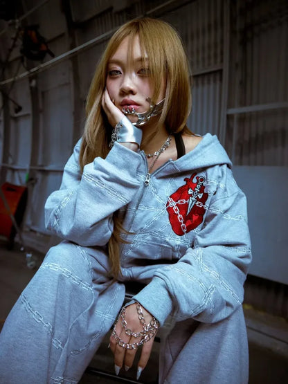 American high street chain heart design women men hoodie Y2K top personality fashion trend punk pullover loose casual sportswear