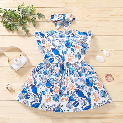 2025 Baby Girl Dresses 18 Month Girls Toddler Beach Sea Printed Flutter Sleeves Dress Infant Girls Preschool Sweet Clothes
