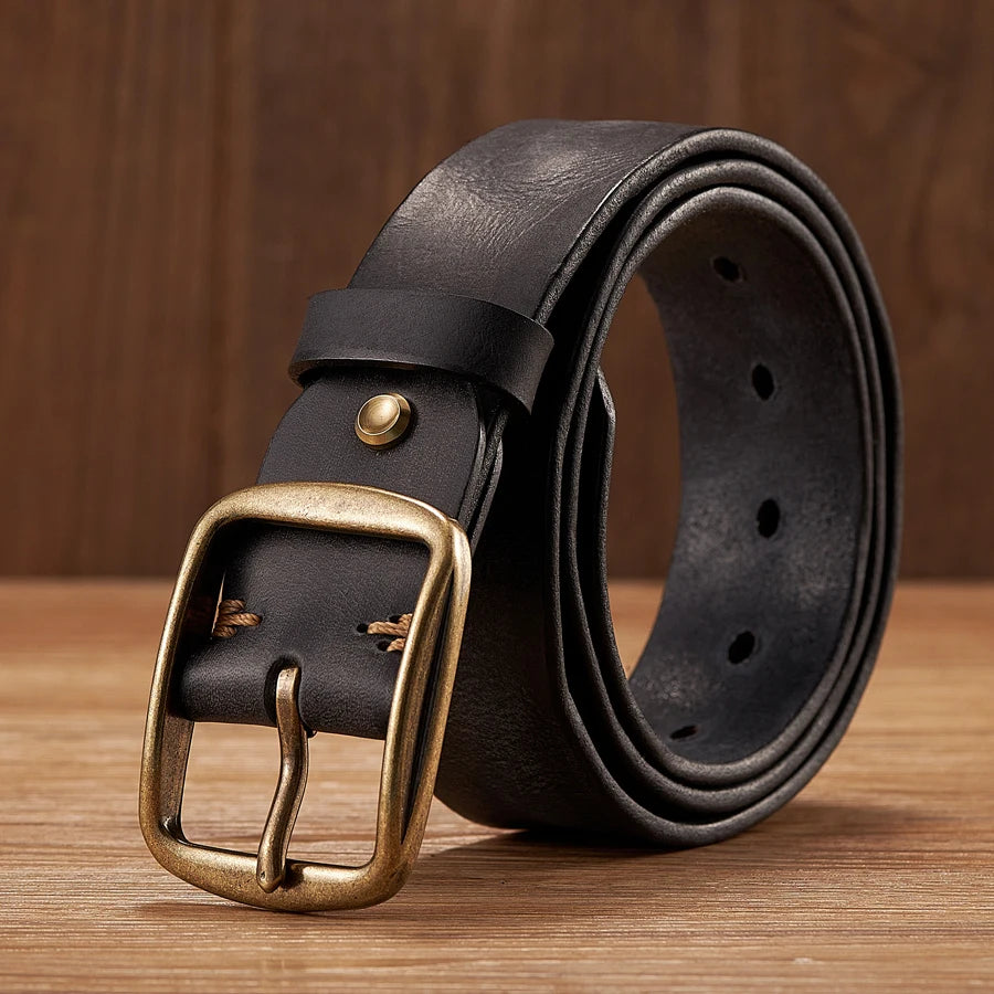 Thick Cowhide Copper Pin Buckle Real Genuine Leather Belt For Jeans Fashion Casual Belt