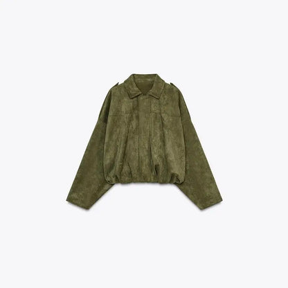 Chic Brown Faux Suede Cropped Casual Coat Vintage Lapel Solid Zipper Short Jacket 2025