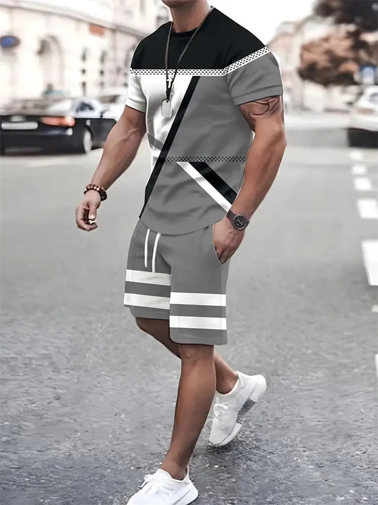 Boutique Men's Summer Casual Sports Short Sleeve Suit Simple Splicing Printed Round Neck T Shirt Drawstring Pocket Shorts Suit