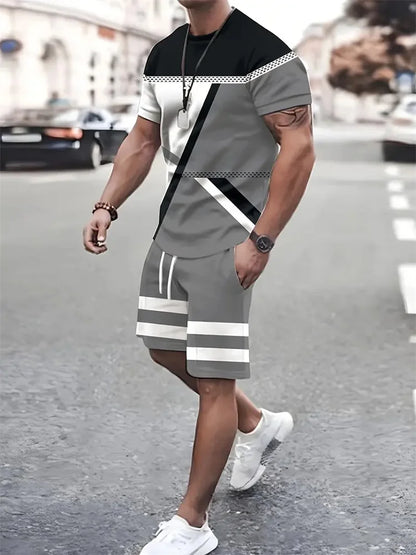 Boutique Men's Summer Casual Sports Short Sleeve Suit Simple Splicing Printed Round Neck T Shirt Drawstring Pocket Shorts Suit