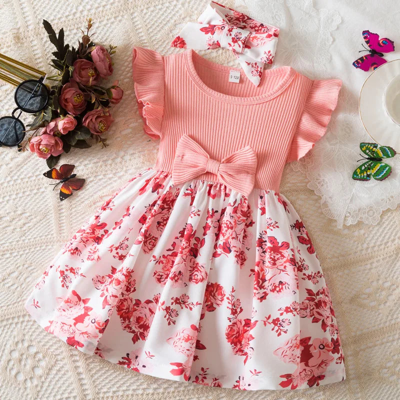 Baby Girls Summer Floral Print Dress 0-3Y European American Style Toddler Flying Sleeves Birthday Dress Infant Girls Clothes