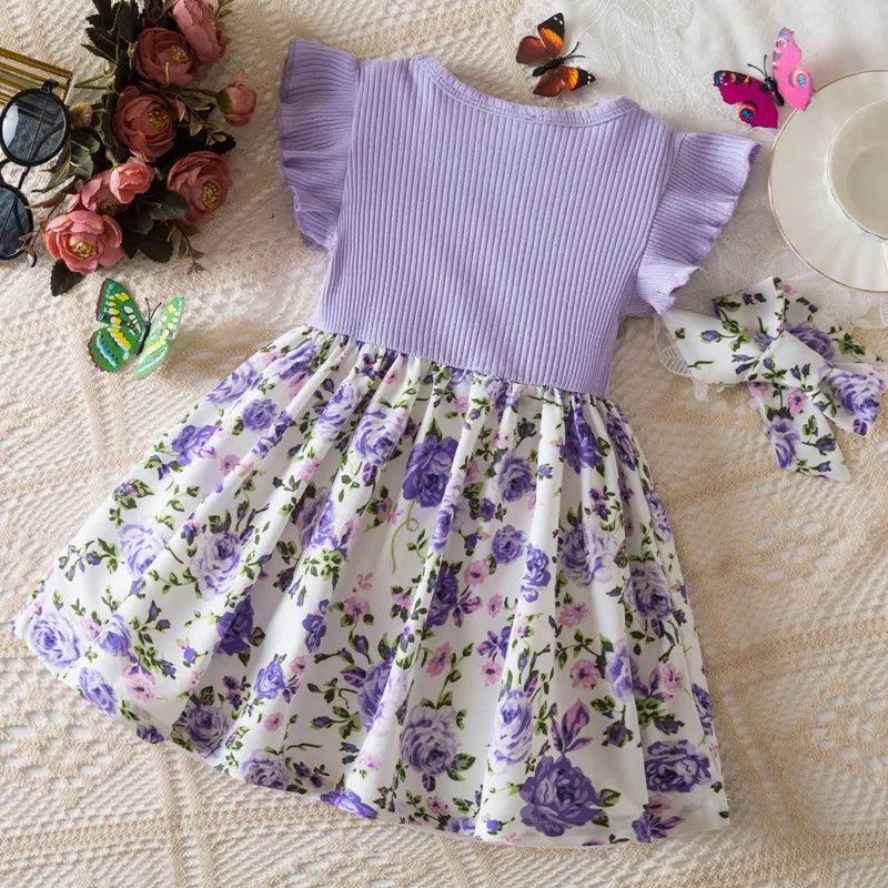 Baby Girls Summer Floral Print Dress 0-3Y European American Style Toddler Flying Sleeves Birthday Dress Infant Girls Clothes