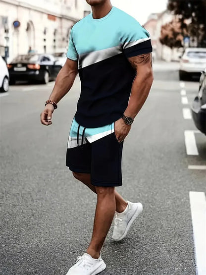 Boutique Men's Summer Casual Sports Short Sleeve Suit Simple Splicing Printed Round Neck T Shirt Drawstring Pocket Shorts Suit
