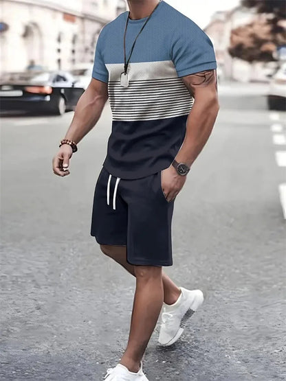 Boutique Men's Summer Casual Sports Short Sleeve Suit Simple Splicing Printed Round Neck T Shirt Drawstring Pocket Shorts Suit
