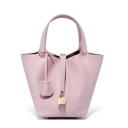 2025 Casual Fashion Female Genuine Leather Bucket Bag Luxury Handbag High-End Tote Bag Woman Cow Leather Mommy Bag & Metal Lock