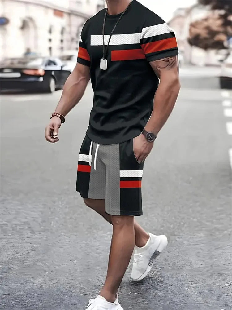 Boutique Men's Summer Casual Sports Short Sleeve Suit Simple Splicing Printed Round Neck T Shirt Drawstring Pocket Shorts Suit