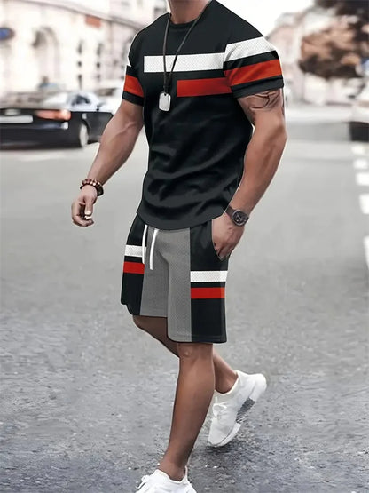 Boutique Men's Summer Casual Sports Short Sleeve Suit Simple Splicing Printed Round Neck T Shirt Drawstring Pocket Shorts Suit