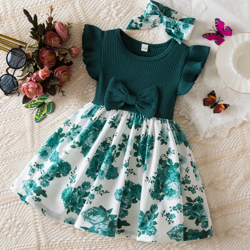 Baby Girls Summer Floral Print Dress 0-3Y European American Style Toddler Flying Sleeves Birthday Dress Infant Girls Clothes