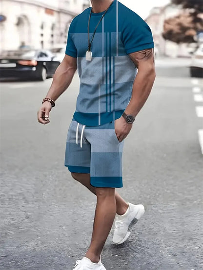 Boutique Men's Summer Casual Sports Short Sleeve Suit Simple Splicing Printed Round Neck T Shirt Drawstring Pocket Shorts Suit