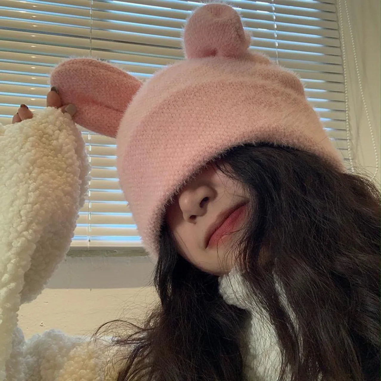 Cute Rabbit Ears Knitted Hats for Women Autumn Winter Warm Panama Soft Rabbit Fur Beanie Cap Girls Skullies Ski Hat Gorras