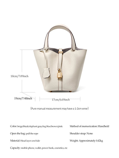 2025 Casual Fashion Female Genuine Leather Bucket Bag Luxury Handbag High-End Tote Bag Woman Cow Leather Mommy Bag & Metal Lock