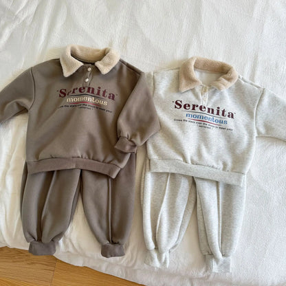 Toddler Kids Boys 2piece Set Winter Letter Printed Turn Down Collar Infant Baby Boy Sweatshirt Ins Solid Color Children Boy Pant