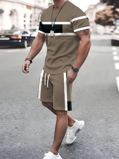 Boutique Men's Summer Casual Sports Short Sleeve Suit Simple Splicing Printed Round Neck T Shirt Drawstring Pocket Shorts Suit