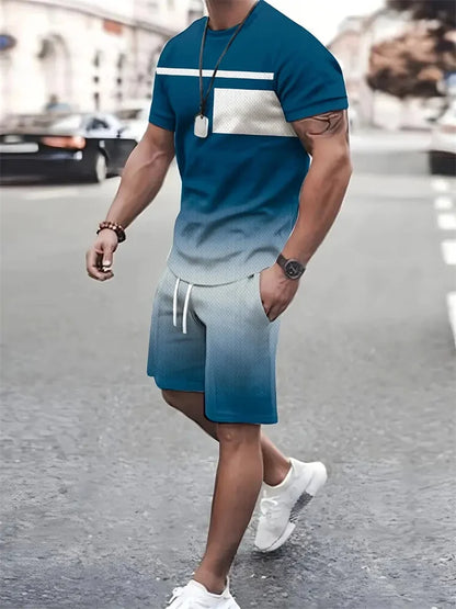 Boutique Men's Summer Casual Sports Short Sleeve Suit Simple Splicing Printed Round Neck T Shirt Drawstring Pocket Shorts Suit