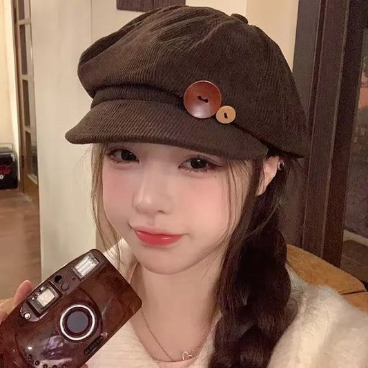 Retro Button Corduroy Octagonal Cap For Women Painter Artist Hat Japanese Girls Brown Peaked Caps Autumn Winter Berets Hats 2025