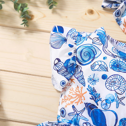 2025 Baby Girl Dresses 18 Month Girls Toddler Beach Sea Printed Flutter Sleeves Dress Infant Girls Preschool Sweet Clothes