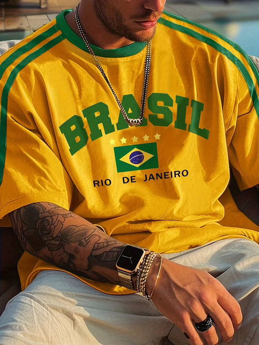 2025 Summer New Five-star Brasil Print T-shirt For Men Short Sleeve O-neck Tees Vintage Casual Sports Mesh Jersey Oversized Tops